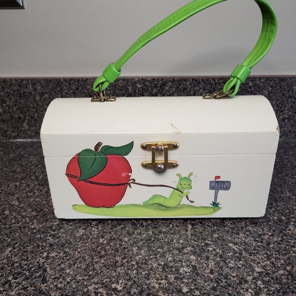 VINTAGE Hand Painted Wooden Purse Box Whimsical Caterpillar Apple Folk Art